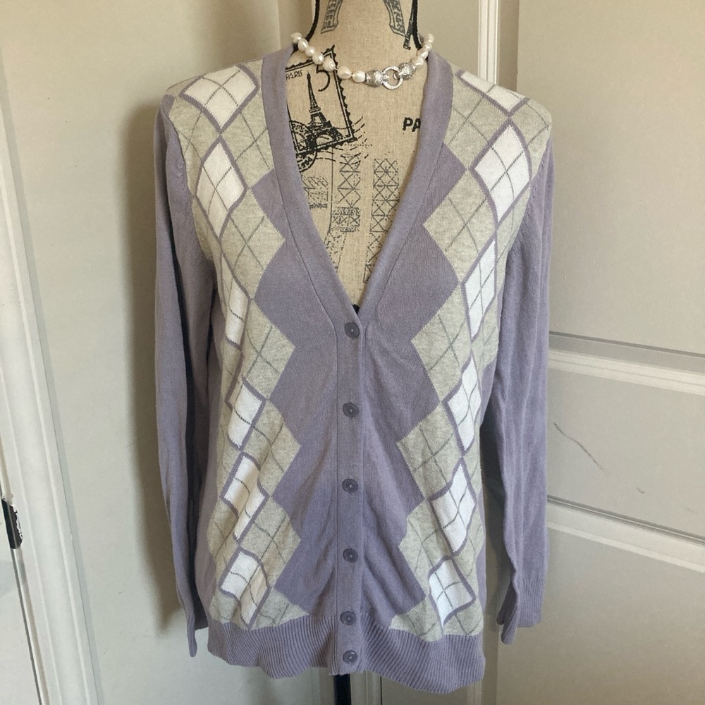 Van Heusen Purple Argyle Cardigan Long Sleeves Button Down